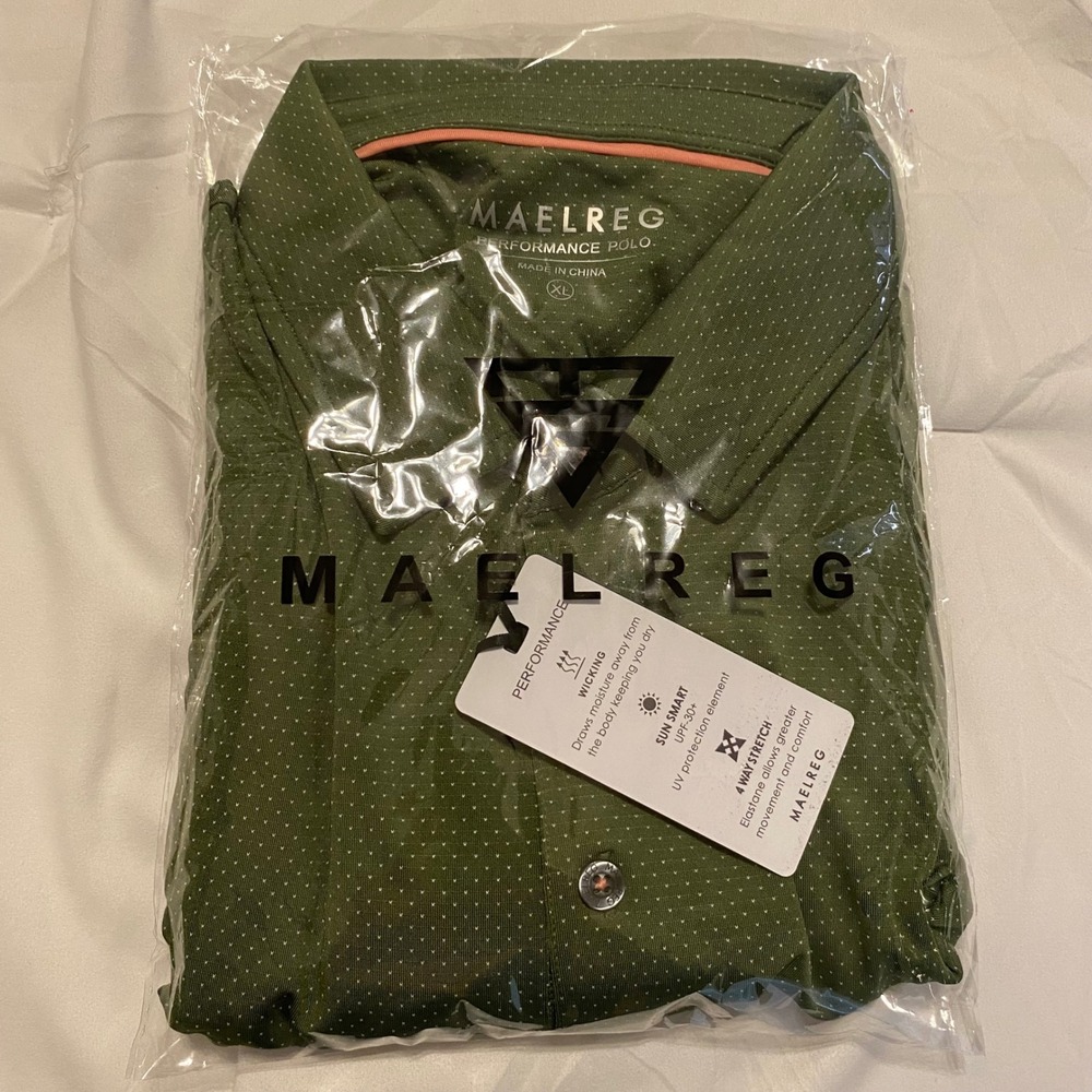 Maelreg Mens XL Performance Polo Shirt Green Polka Dot‎ Golf NWT UPF 30+ Stretch